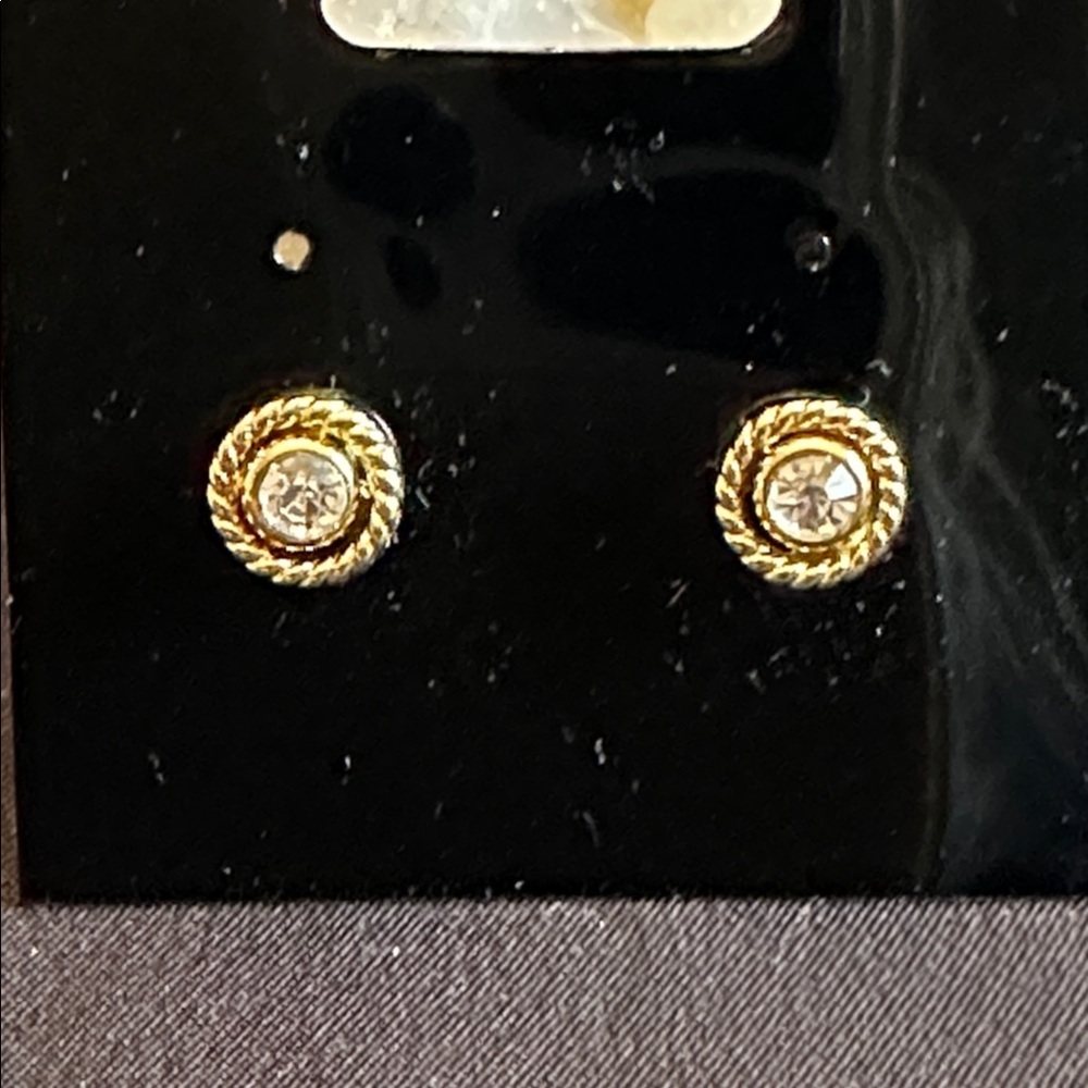 San Tropez NWOT goldtone pierced CZ  bezel set earrings w/ jacket